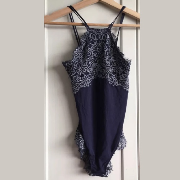 aerie Tops - NWOT Aerie Navy Blue White Lace Bodysuit